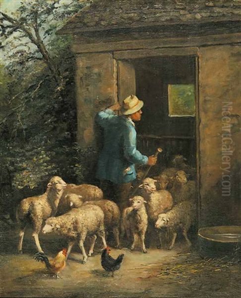 Untitled - Shepherd And His Flock Oil Painting by Charles Emile Jacque