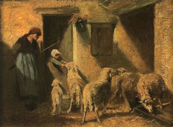 La Fermiere Et Ses Moutons Oil Painting by Charles Emile Jacque