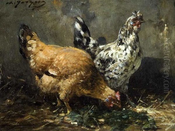 Les Deux Poules Oil Painting by Charles Emile Jacque