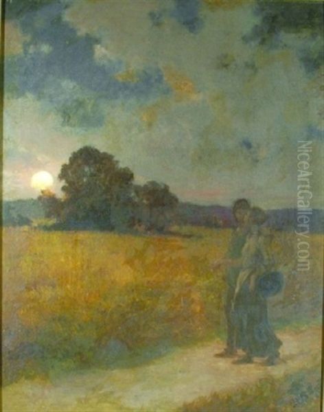 Two Figures In A Moonlit Field Oil Painting by Charles Emile Jacque