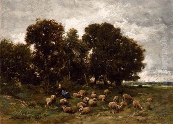 Hirtin Mit Schafherde Am Waldrand by Charles Emile Jacque