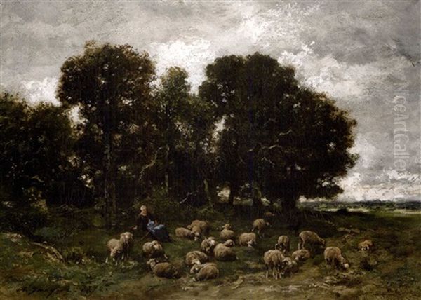 Hirtin Mit Schafherde Am Waldrand Oil Painting by Charles Emile Jacque