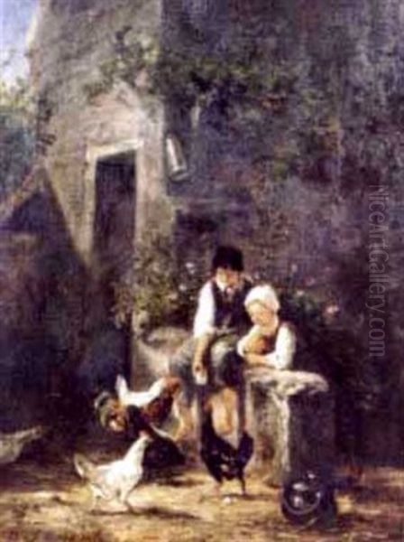 A Farmyard Scene With Figures And Poultry Oil Painting by Charles Emile Jacque