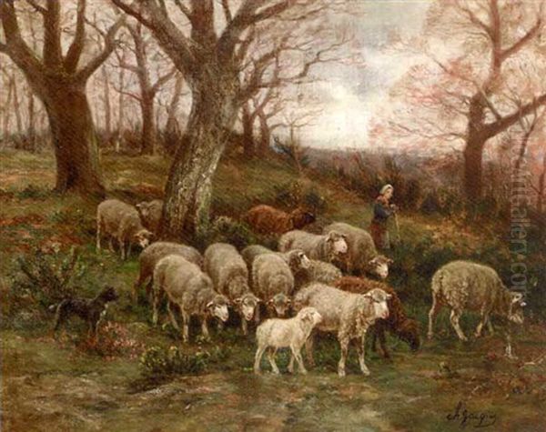 A Shepherdess And Her Flock In A Wooded Landscape Oil Painting by Charles Emile Jacque