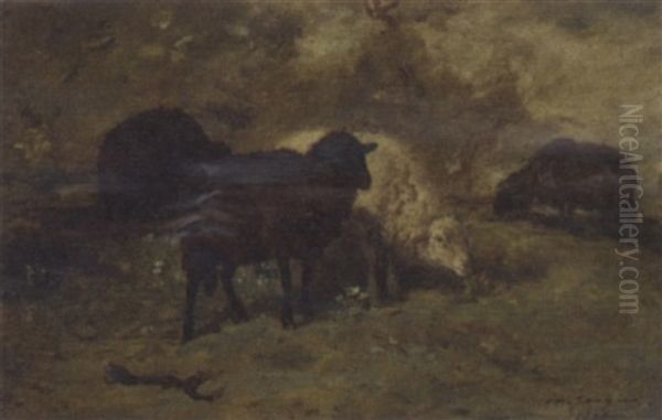 Grazing Sheep Oil Painting by Charles Emile Jacque