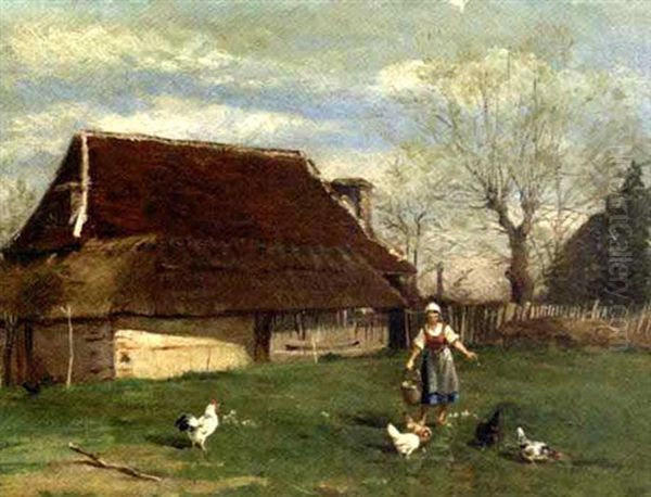 Fermiere Et Ses Poules Oil Painting by Charles Emile Jacque