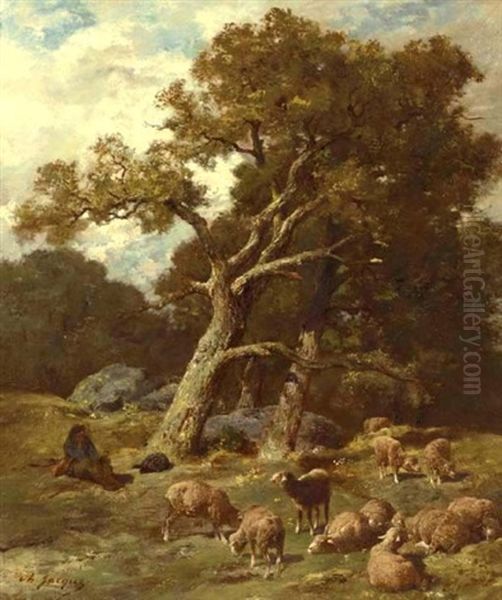 Berger Se Reposant Avec Ses Moutons Oil Painting by Charles Emile Jacque