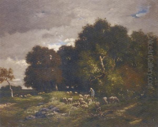 A Shepherd With His Sheep By A Wood Oil Painting by Charles Emile Jacque