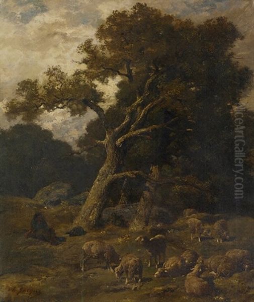 Le Berger Et Ses Moutons Dans La Foret De Fontainebleau Oil Painting by Charles Emile Jacque