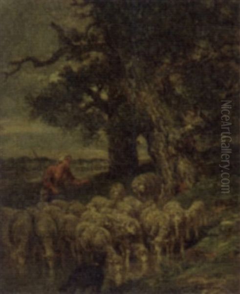 Shepherd And Flock Oil Painting by Charles Emile Jacque