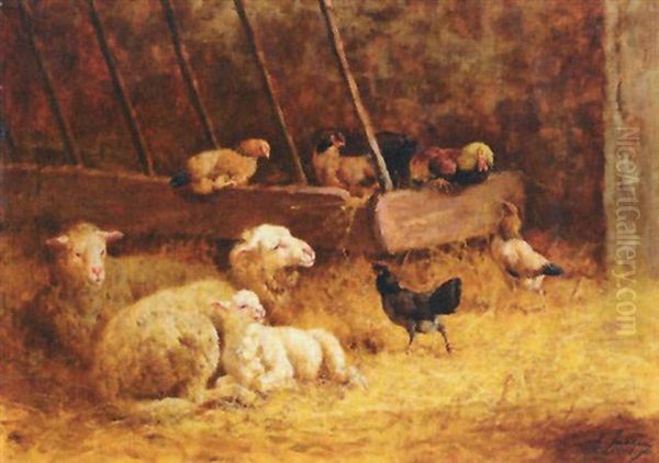 Moutons Et Poules Dans L'etable Oil Painting by Charles Emile Jacque