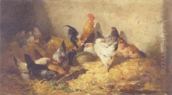 Rooster And Hens In Straw Oil Painting by Charles Emile Jacque