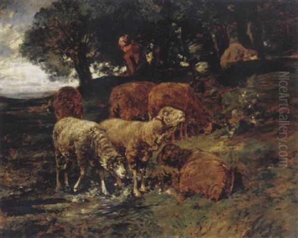 Sheep With Shepherdess Oil Painting by Charles Emile Jacque