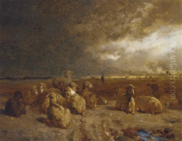 Sheep In A Stormy Landscape Oil Painting by Charles Emile Jacque