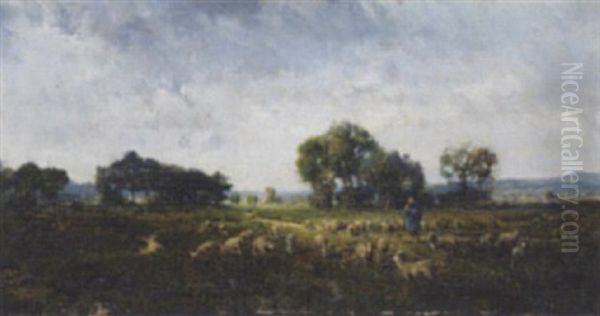 A Shepherd Tending His Flock In A Field Oil Painting by Charles Emile Jacque