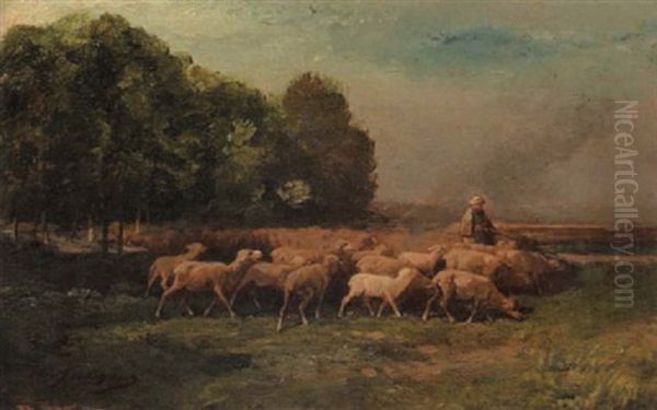 Shepherd With Flock In Landscape Oil Painting by Charles Emile Jacque