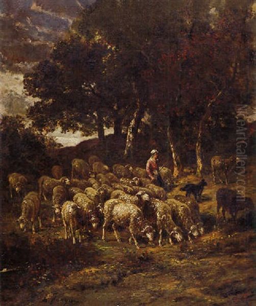 A Sheperdess And Her Flock Oil Painting by Charles Emile Jacque