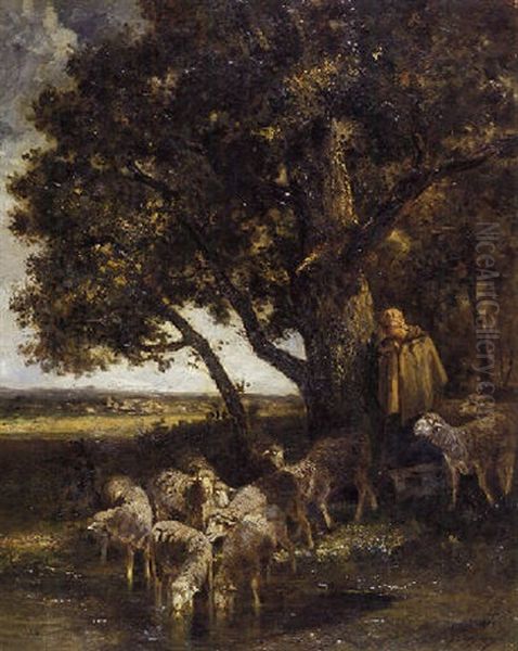 A Sheperdess With Her Flock By A Pool Oil Painting by Charles Emile Jacque