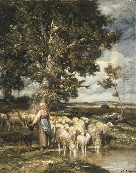 A Shepherdess Watering Her Herd Under A Tree Oil Painting by Charles Emile Jacque