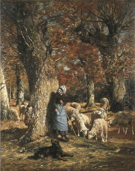 A Shepherdess Tending Her Flock Oil Painting by Charles Emile Jacque