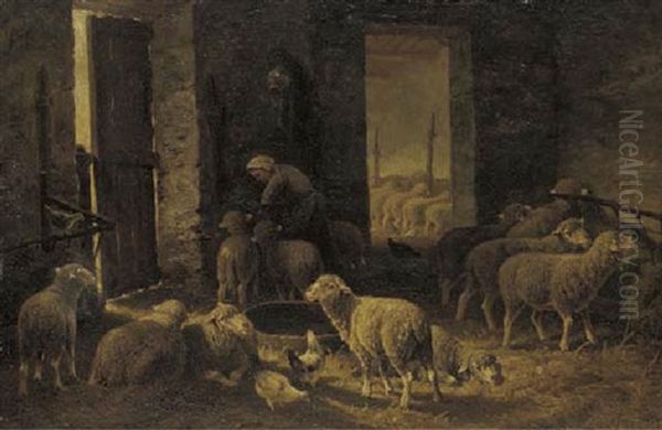 The Interior Of A Stable With Sheep And Chickens Oil Painting by Charles Emile Jacque