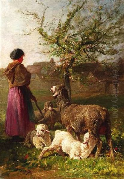 Fruhling. Bauerin Mit Schafen Vor Einem Bluhenden Apfelbaum Oil Painting by Charles Emile Jacque