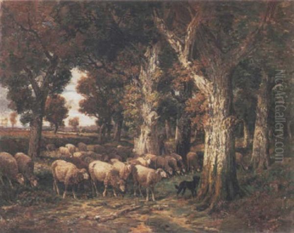 Shepherdess With Her Flock In A Forest Oil Painting by Charles Emile Jacque