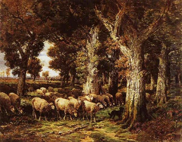 Shepherdess With Her Flock In A Forest Oil Painting by Charles Emile Jacque