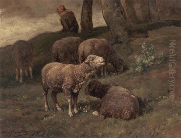 Shepherdess Tending Her Flock Oil Painting by Charles Emile Jacque