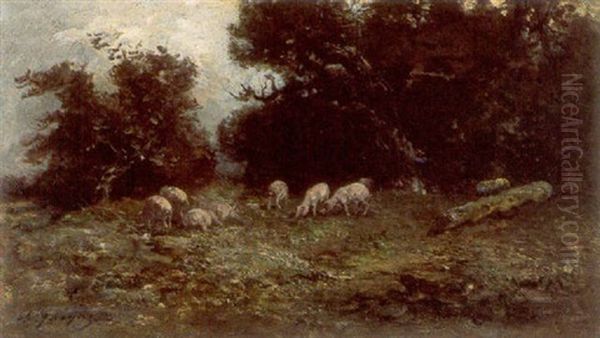 Pigs In A Forest Oil Painting by Charles Emile Jacque