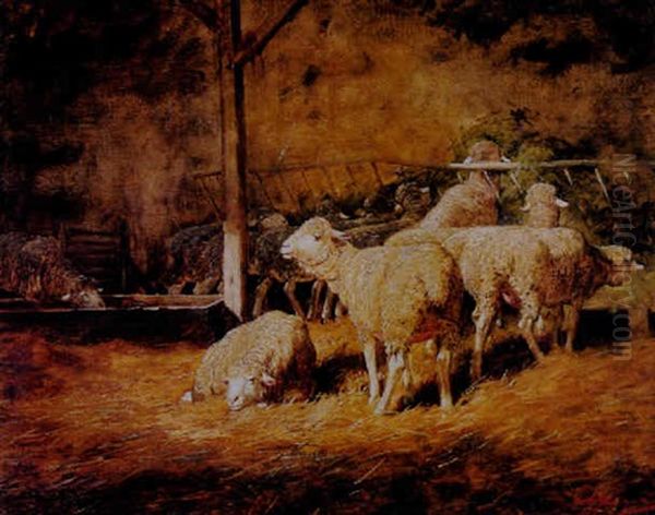 Sheep Feeding In A Stable Oil Painting by Charles Emile Jacque