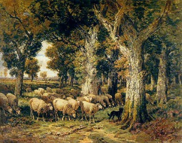 Shepherdess With Her Flock In A Forest Oil Painting by Charles Emile Jacque