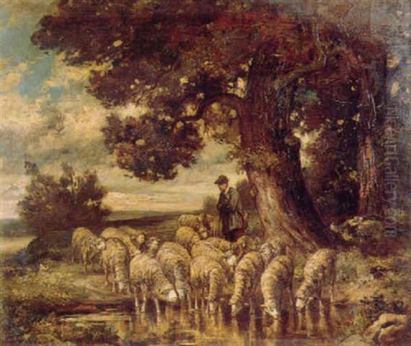 Mouton S'abreuvant Oil Painting by Charles Emile Jacque