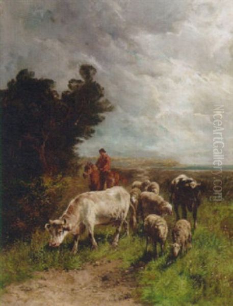 A Drover With Sheep And Cattle In A Coastal Landscape Oil Painting by Charles Emile Jacque