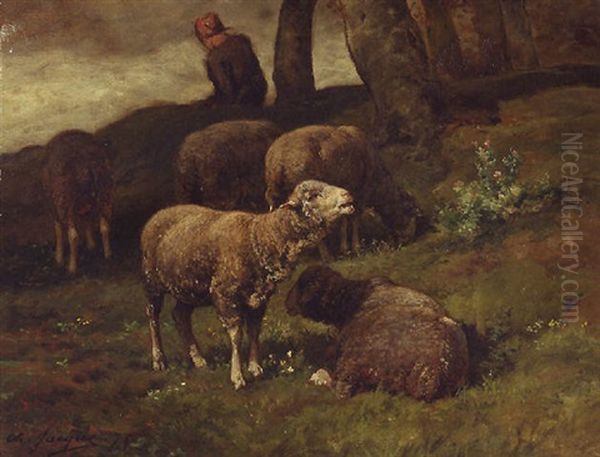 Shepherdess Tending Her Flock Oil Painting by Charles Emile Jacque