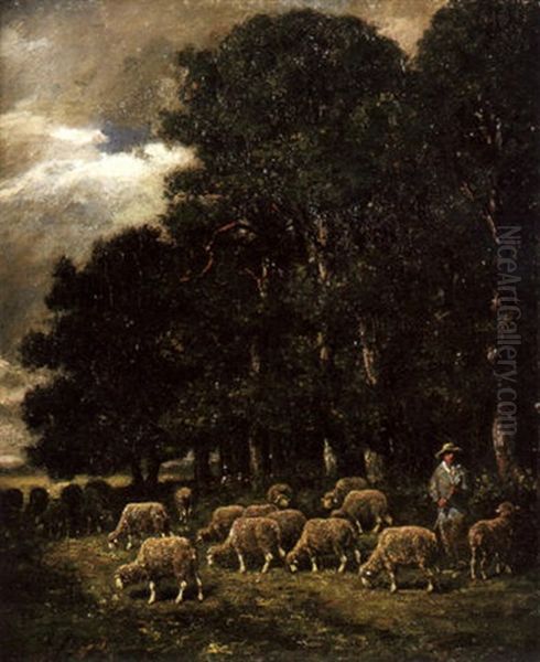 A Shepherd With His Flock Grazing In The Shade Oil Painting by Charles Emile Jacque