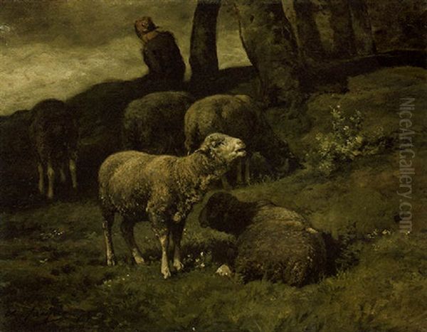 Grazing Sheep With Shepherdess Beyond Oil Painting by Charles Emile Jacque