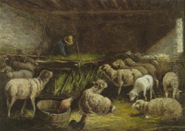 Bauer Im Schafstall Beim Futtern Der Herde Oil Painting by Charles Emile Jacque