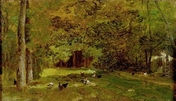 Sous-bois Avec Volailles Oil Painting by Charles Emile Jacque