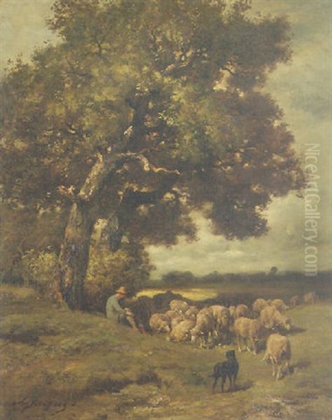 A Shepherd Resting With His Flock Oil Painting by Charles Emile Jacque