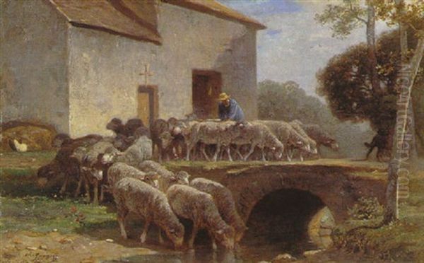 La Sortie Du Troupeau Oil Painting by Charles Emile Jacque