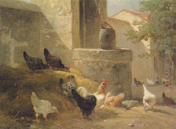 Poultry Near An Old Well Oil Painting by Charles Emile Jacque