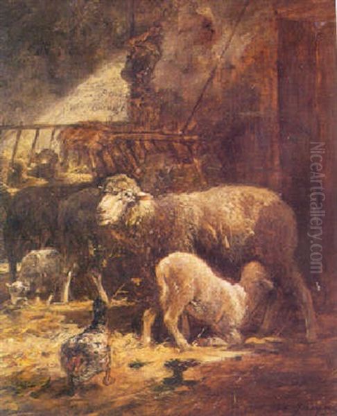 A Sheep And Her Lamb Oil Painting by Charles Emile Jacque