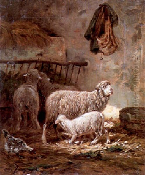 Sheep In A Stable Interior Oil Painting by Charles Emile Jacque