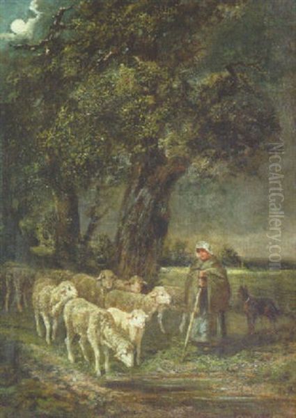 Bergere Gardant Un Troupeau De Moutons Oil Painting by Charles Emile Jacque