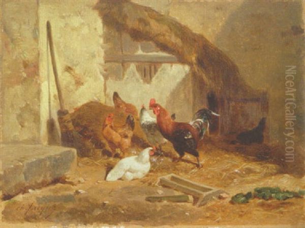 Chickens And A Rooster Oil Painting by Charles Emile Jacque