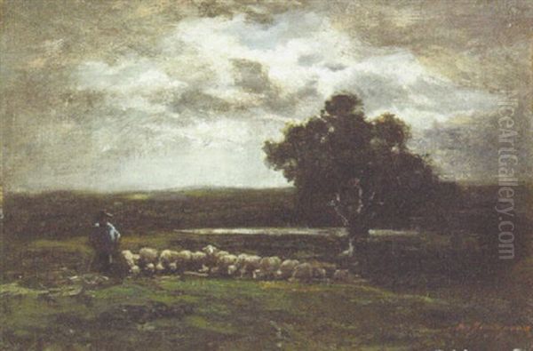 Shepherd And His Flock At Moonlight Oil Painting by Charles Emile Jacque