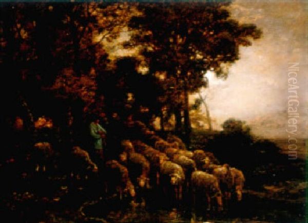 A Shepherd Tending His Flock By Moonlight Oil Painting by Charles Emile Jacque