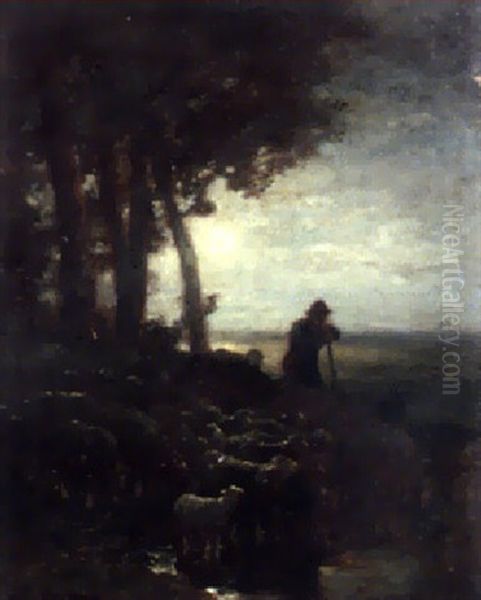 Berger Et Ses Moutons Au Clair De Lune Oil Painting by Charles Emile Jacque