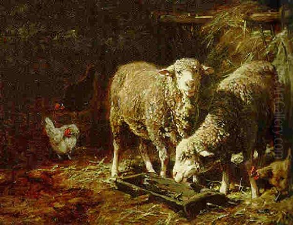 Sheep And Chickens Feeding In A Barn Oil Painting by Charles Emile Jacque